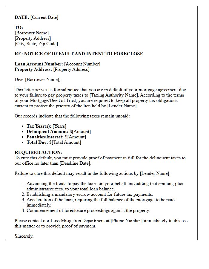 Mortgage Default Letter for Delinquent Property Tax Obligations