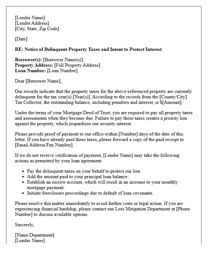 Mortgage Lender Letter Regarding Delinquent Property Tax Default