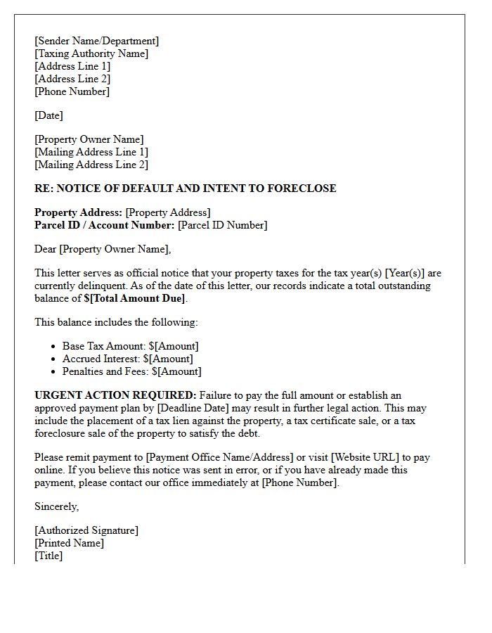 Notice of Default for Delinquent Property Taxes Letter