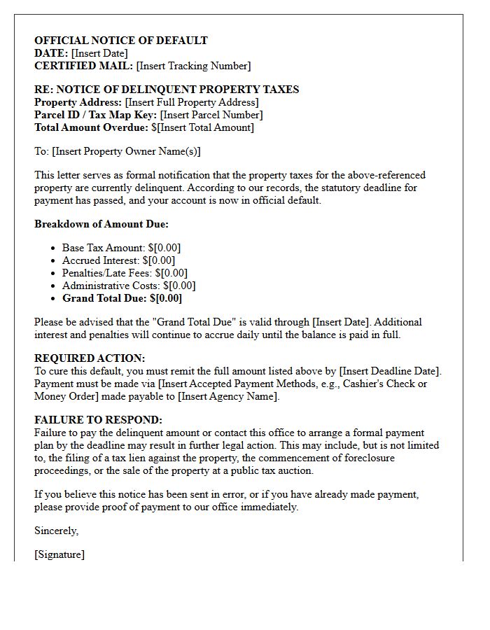 Official Letter of Notice of Default for Delinquent Property Taxes