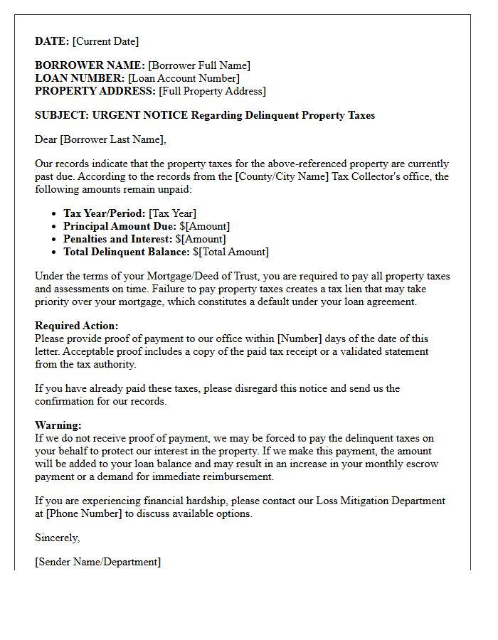 Property Tax Default Warning Letter for Mortgage Borrowers