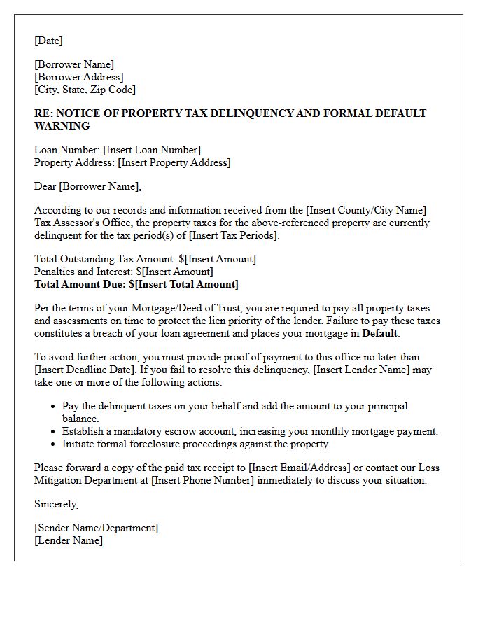 Property Tax Delinquency and Mortgage Default Warning Letter