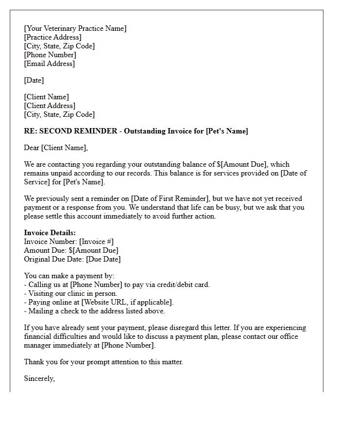Outstanding Veterinary Invoice Second Reminder Letter