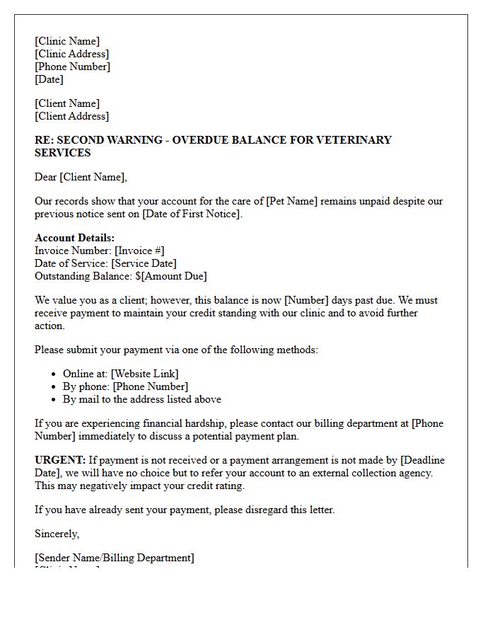 Pre-Collection Second Warning Letter For Veterinary Services