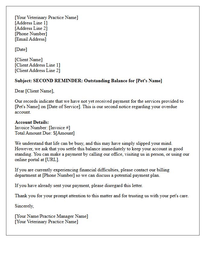 Second Reminder Letter For Outstanding Veterinary Balance