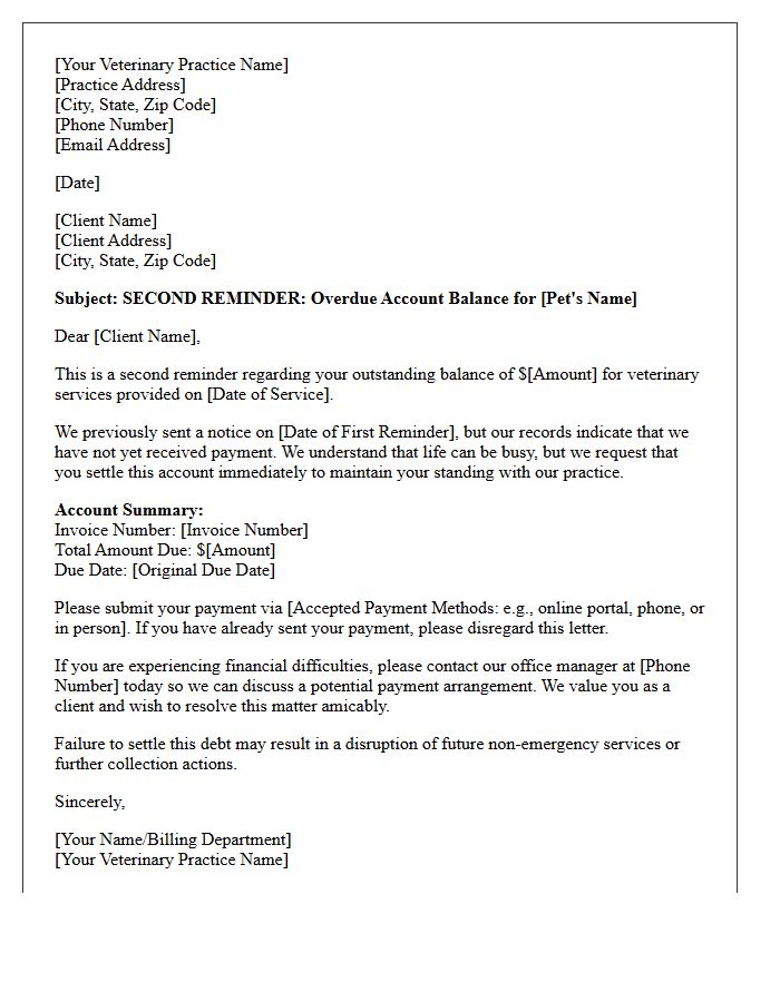 Second Reminder Letter Regarding Unsettled Veterinary Debt