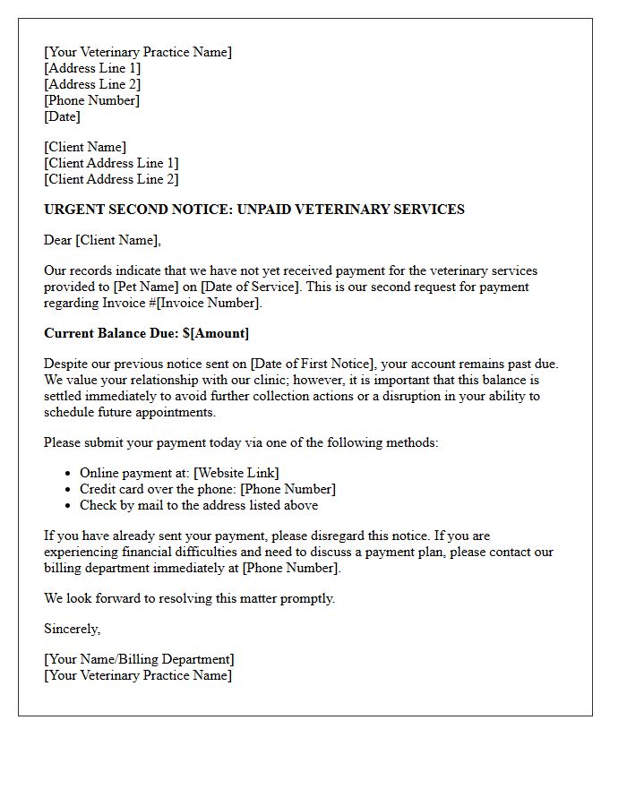 Urgent Second Notice Letter Regarding Unpaid Veterinary Services