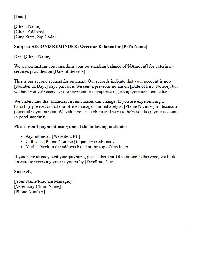 Veterinary Account Delinquency Second Reminder Letter