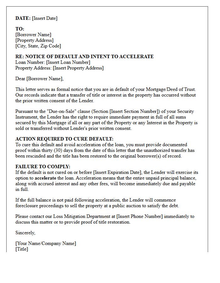 Acceleration Warning Letter for Unauthorized Title Transfer