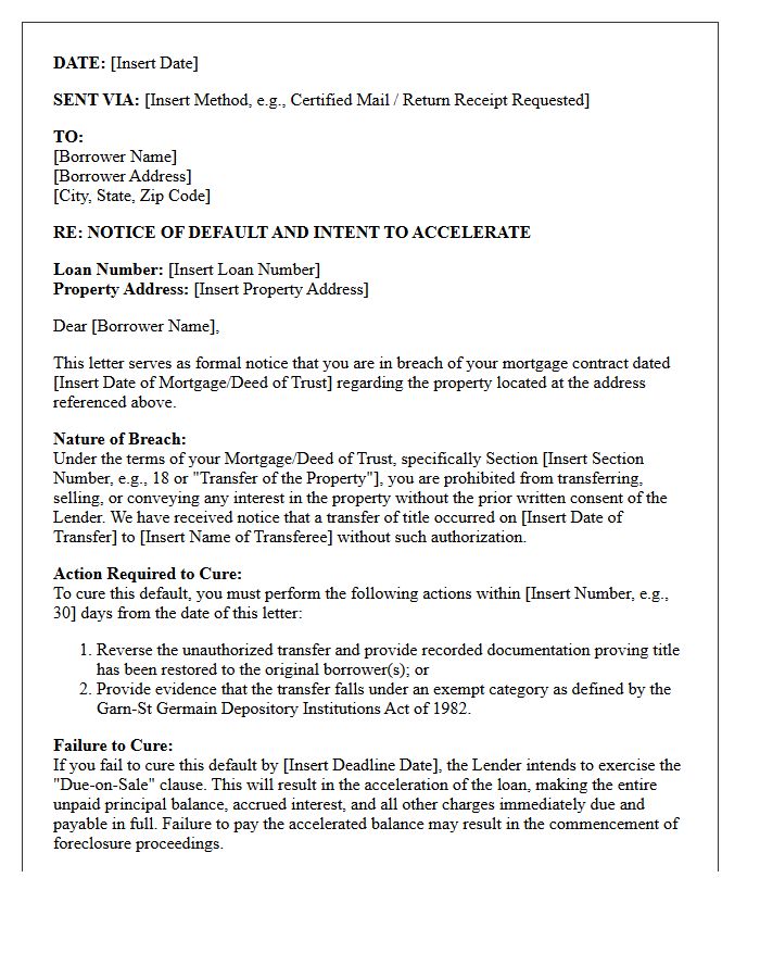 Breach of Mortgage Contract Default Letter for Unapproved Title Transfer