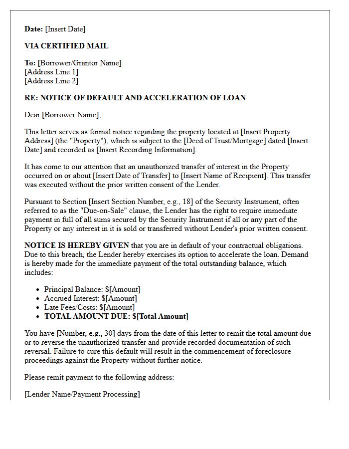 Demand Letter for Default Upon Unauthorized Property Transfer