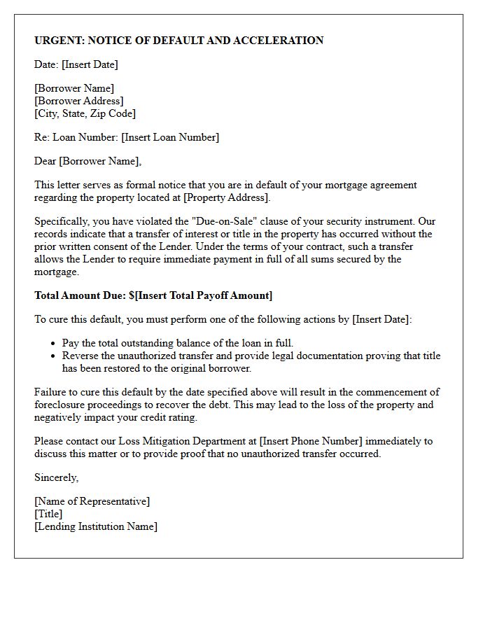 Due-on-Sale Clause Violation Mortgage Default Letter