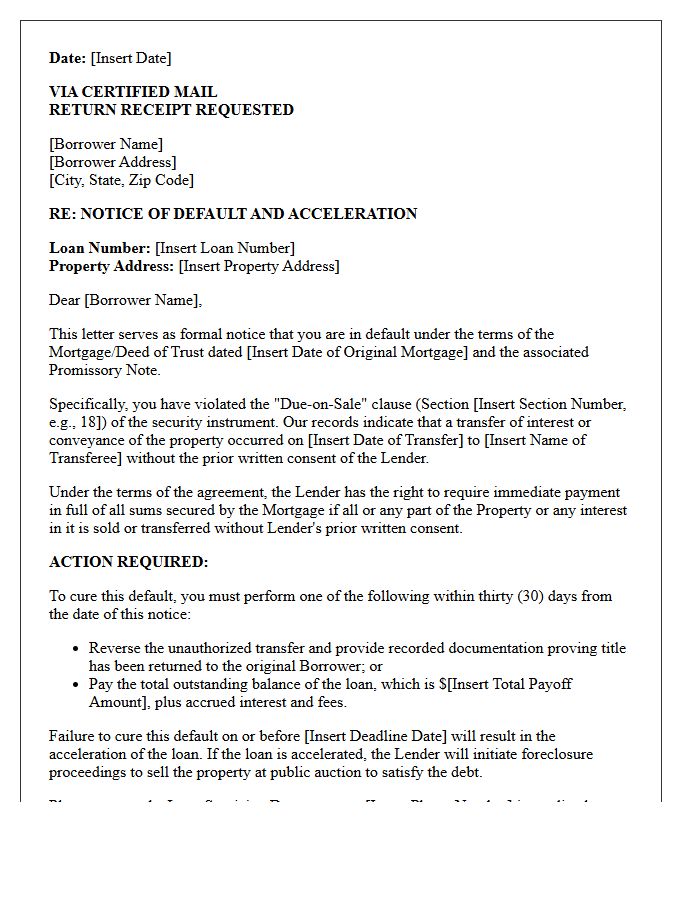 Letter of Default for Unauthorized Conveyance of Mortgaged Property