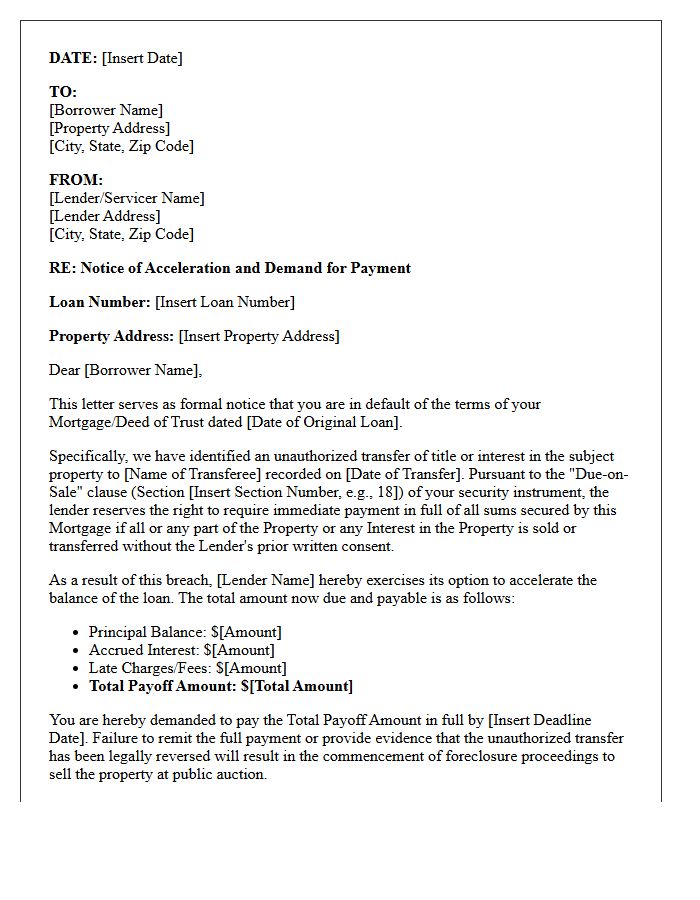 Mortgage Acceleration Letter Due to Unauthorized Title Transfer
