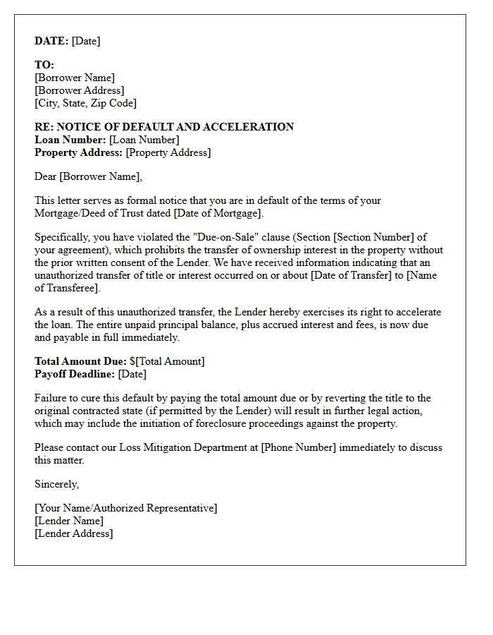 Mortgage Default Declaration Letter for Unauthorized Ownership Transfer