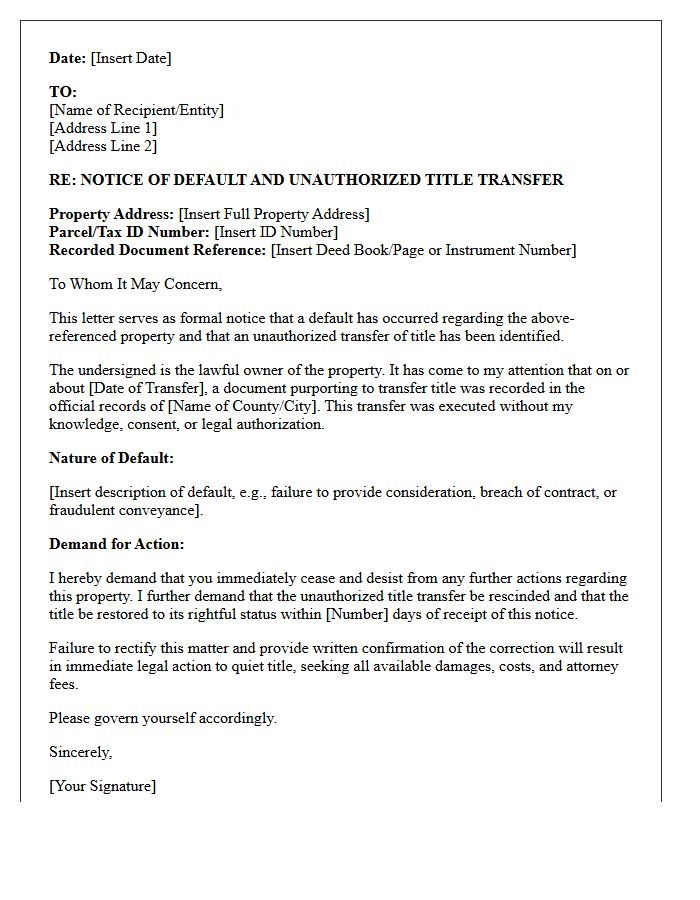 Notice of Default and Unauthorized Title Transfer Letter
