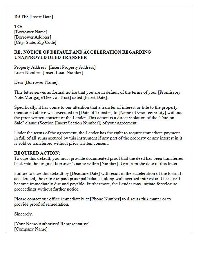 Notice of Default Letter Regarding Unapproved Deed Transfer