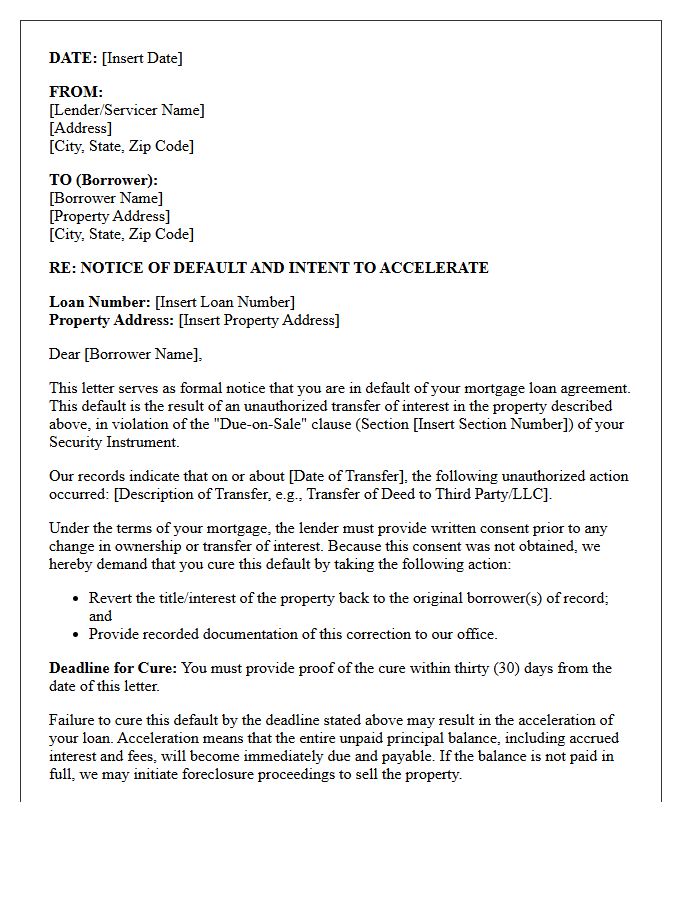 Notice of Mortgage Default Due to Unauthorized Transfer Letter
