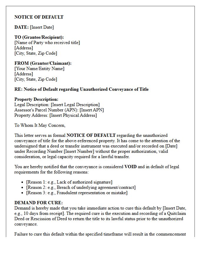 Unauthorized Conveyance of Title Notice of Default Letter