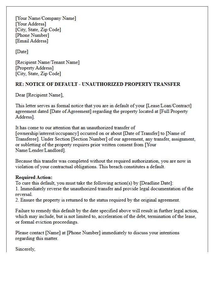 Unauthorized Property Transfer Default Notice Letter