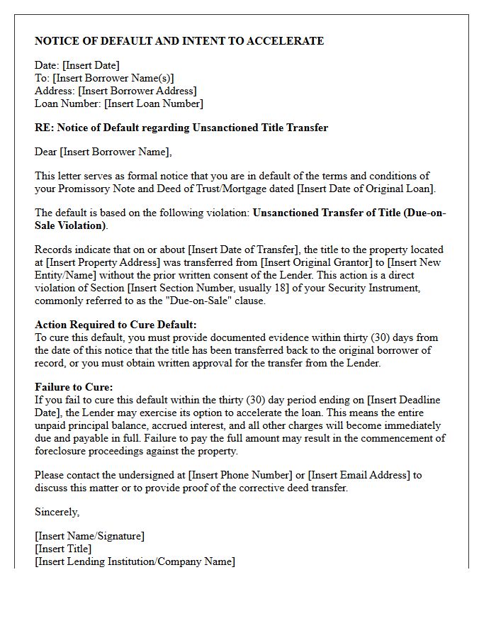 Unsanctioned Title Transfer Notice of Default Letter