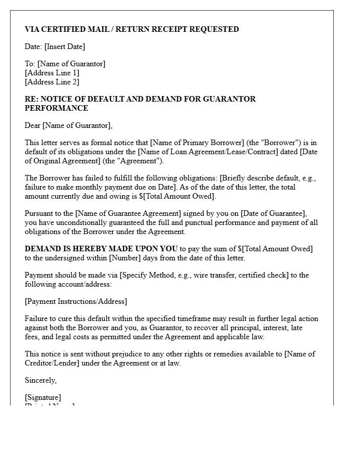 First Notice of Default and Demand for Guarantor Performance Letter