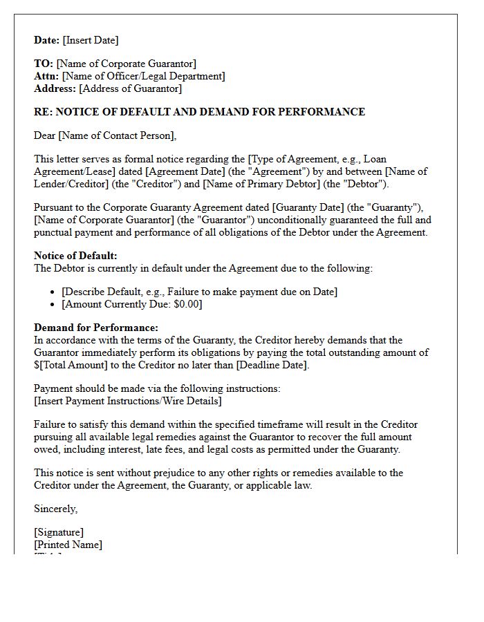 Notice of Default and Demand for Corporate Guarantor Performance Letter