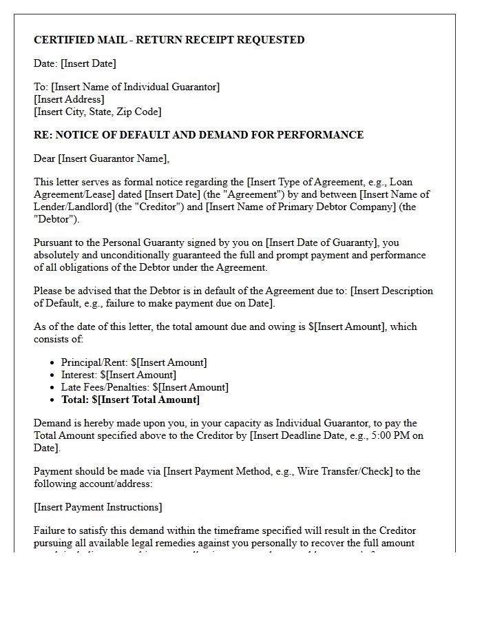 Notice of Default and Demand for Individual Guarantor Performance Letter