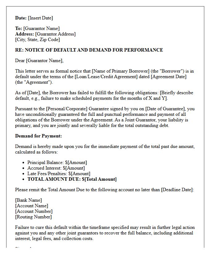 Notice of Default and Demand for Joint Guarantor Performance Letter