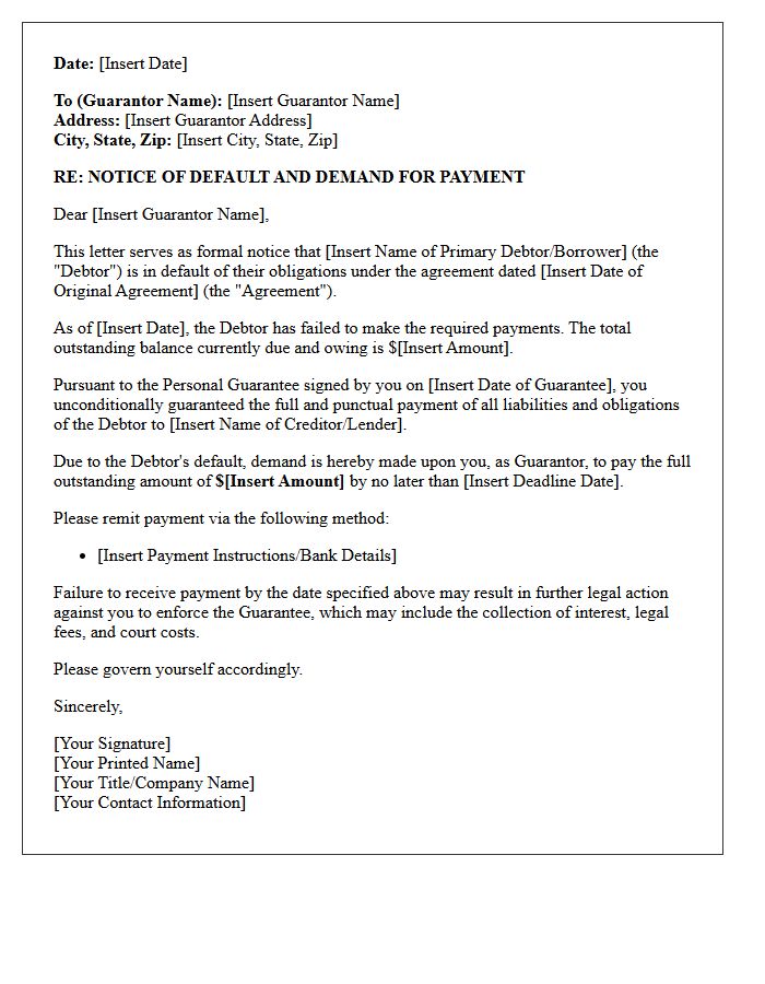 Notice of Default and Demand for Payment Guarantor Letter