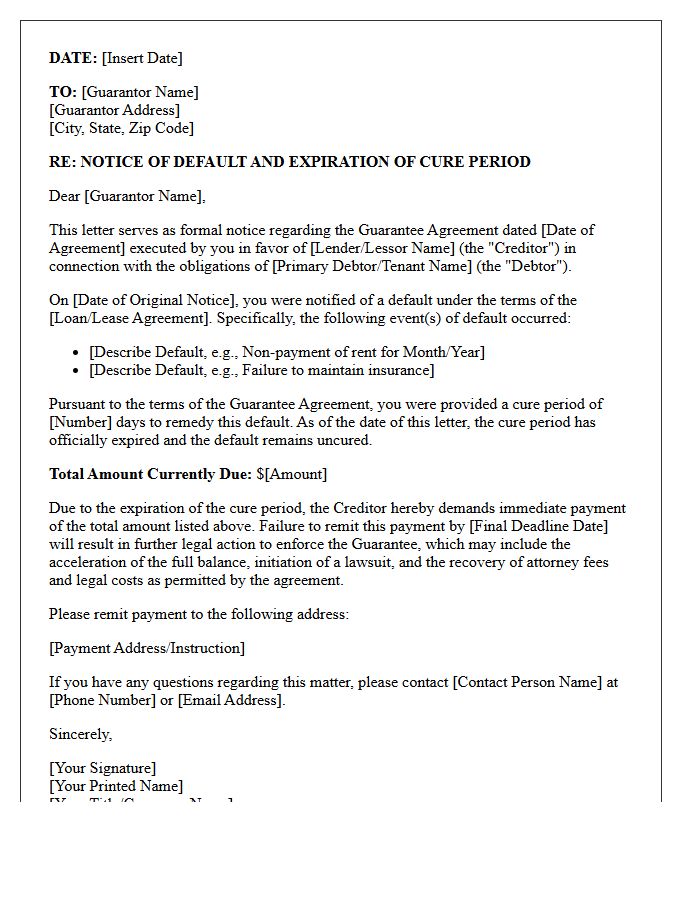 Notice of Default and Guarantor Cure Period Expiration Letter