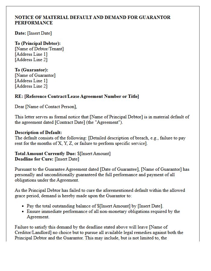 Notice of Material Default and Guarantor Performance Letter