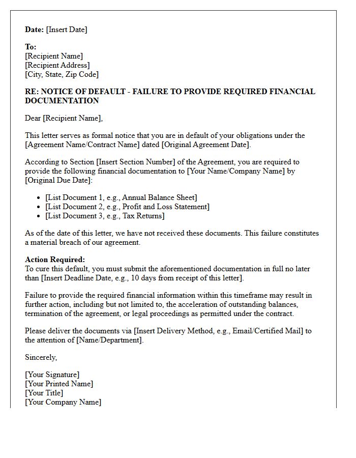 Failure to Provide Required Financial Documentation Default Letter