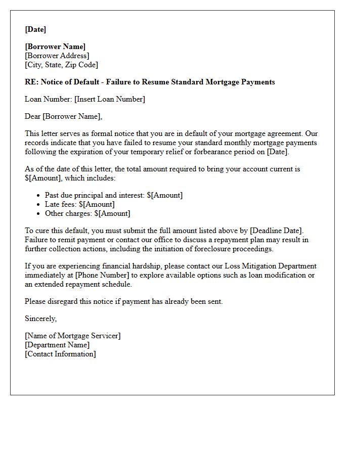 Failure to Resume Standard Mortgage Payments Default Letter