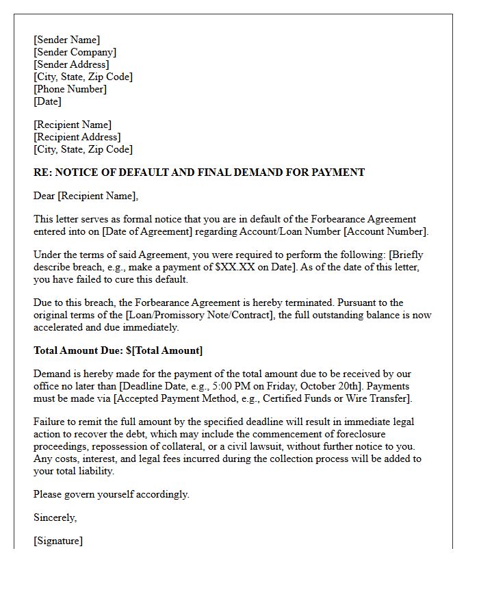 Final Demand Letter for Breached Forbearance Agreement