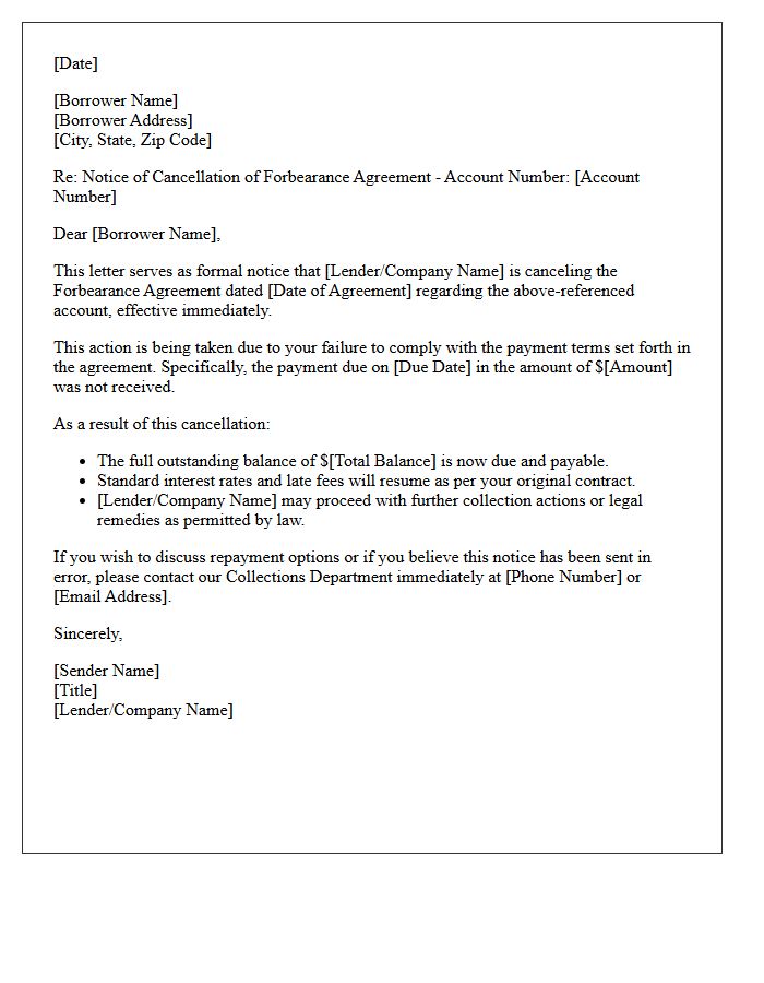Forbearance Agreement Cancellation Letter Due to Nonpayment