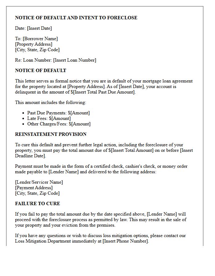 Notice of Default and Reinstatement of Foreclosure Letter