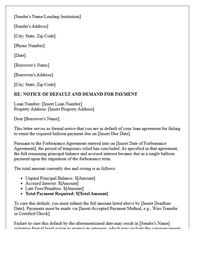 Notice of Default on Balloon Payment Following Forbearance Letter