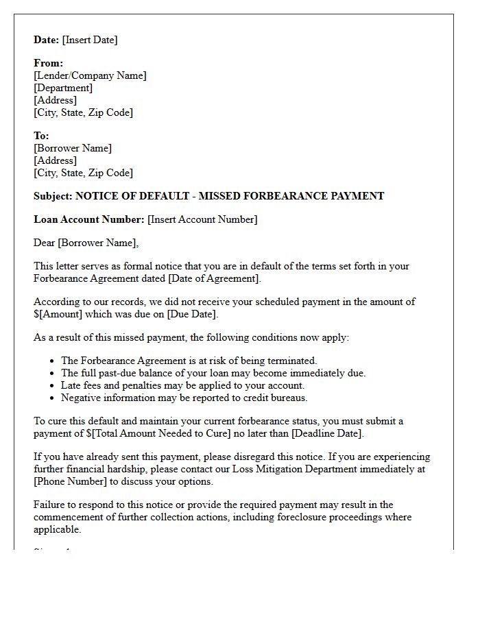 Notice of Default on Missed Forbearance Payment Letter