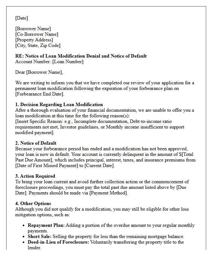 Post-Forbearance Modification Denial and Default Letter