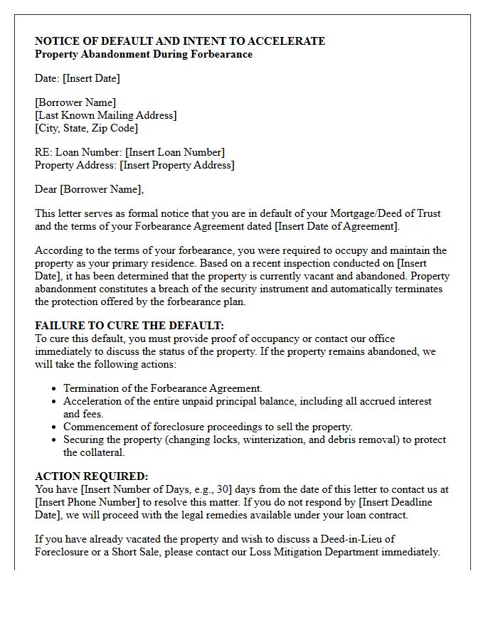 Property Abandonment Default During Forbearance Letter