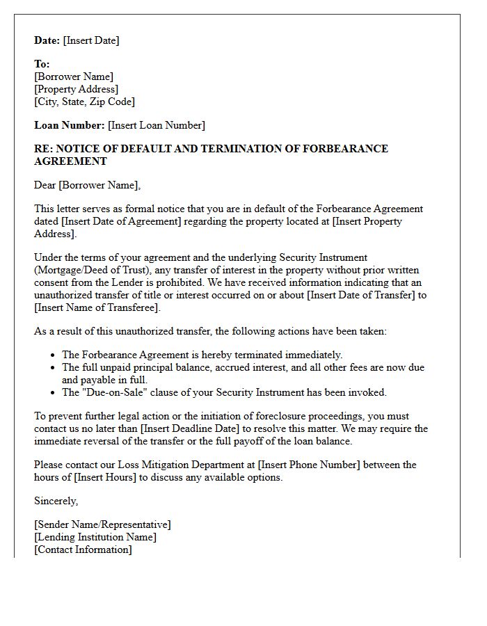 Unauthorized Property Transfer Forbearance Default Letter