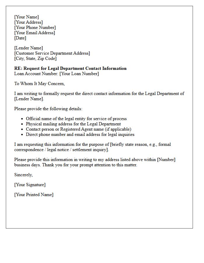 Lender Legal Department Contact Information