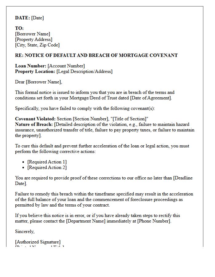 Citation Of Specific Mortgage Covenant Breach