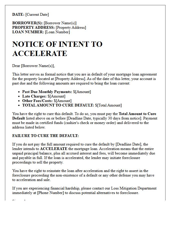 Notice Of Intent To Accelerate Mortgage Loan Balance
