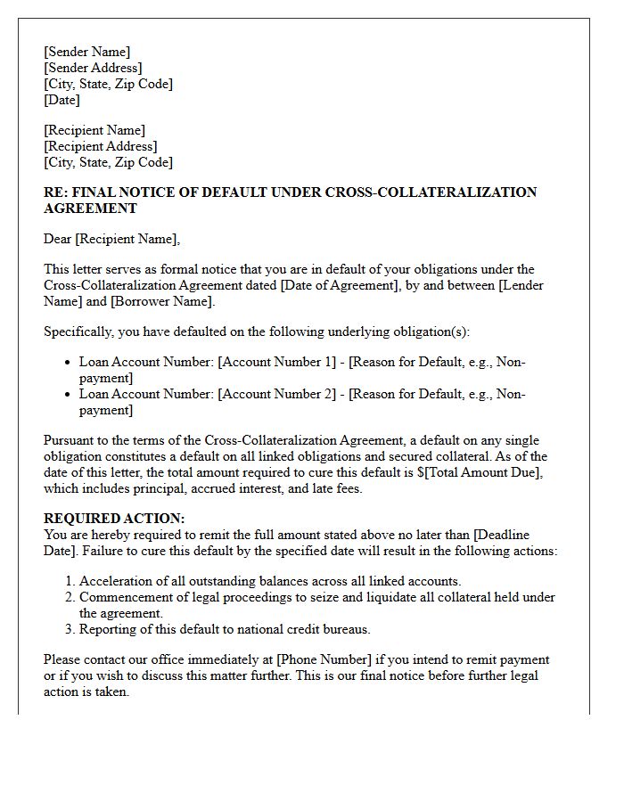 Final Notice of Default Under Cross-Collateralization Agreement Letter