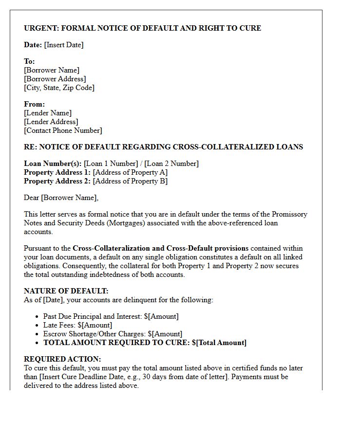 Initial Cross-Collateralized Mortgage Default Cure Demand Letter