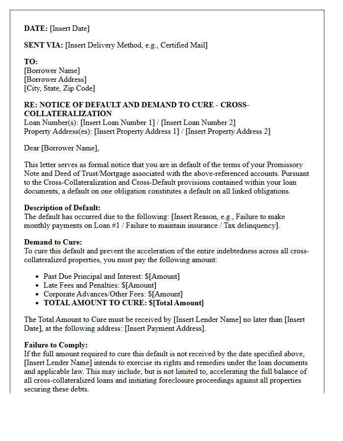 Mortgage Lender Demand Letter for Cross-Collateral Cure