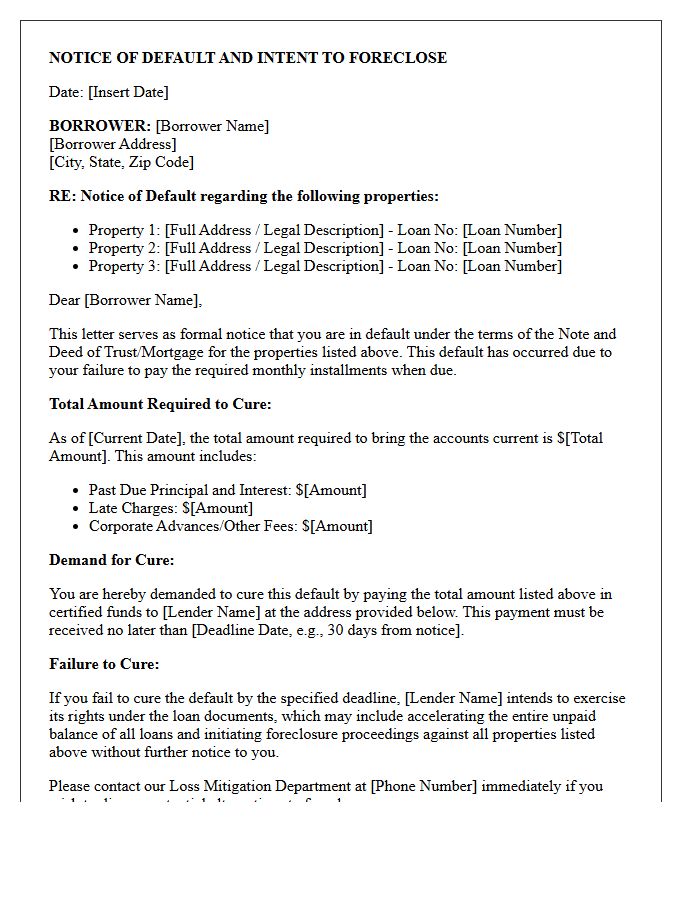 Multiple Property Mortgage Default and Demand for Cure Letter