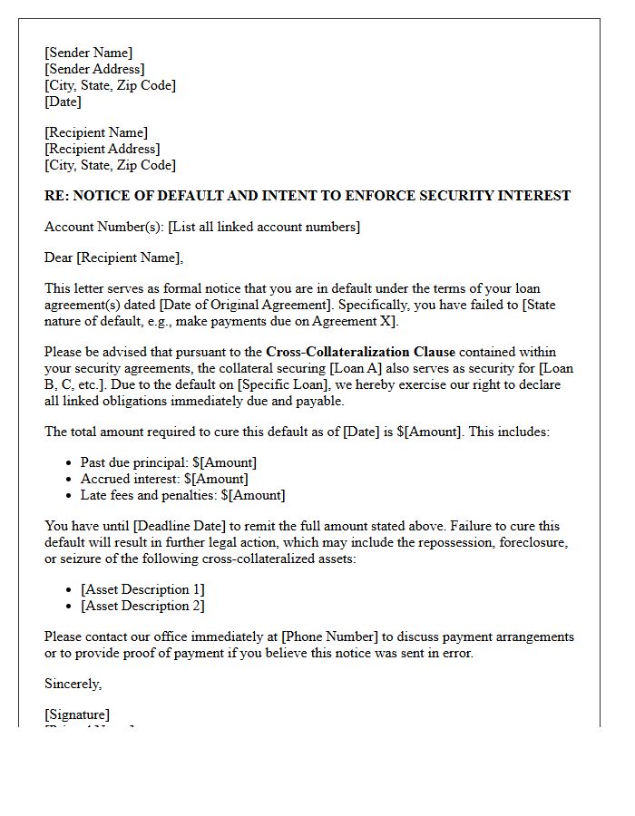 Notice of Default on Cross-Collateralized Assets Letter